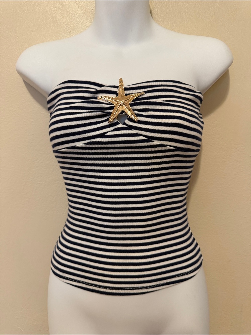 Striped Navy & White Strapless Tube Top with Gold Star Accent